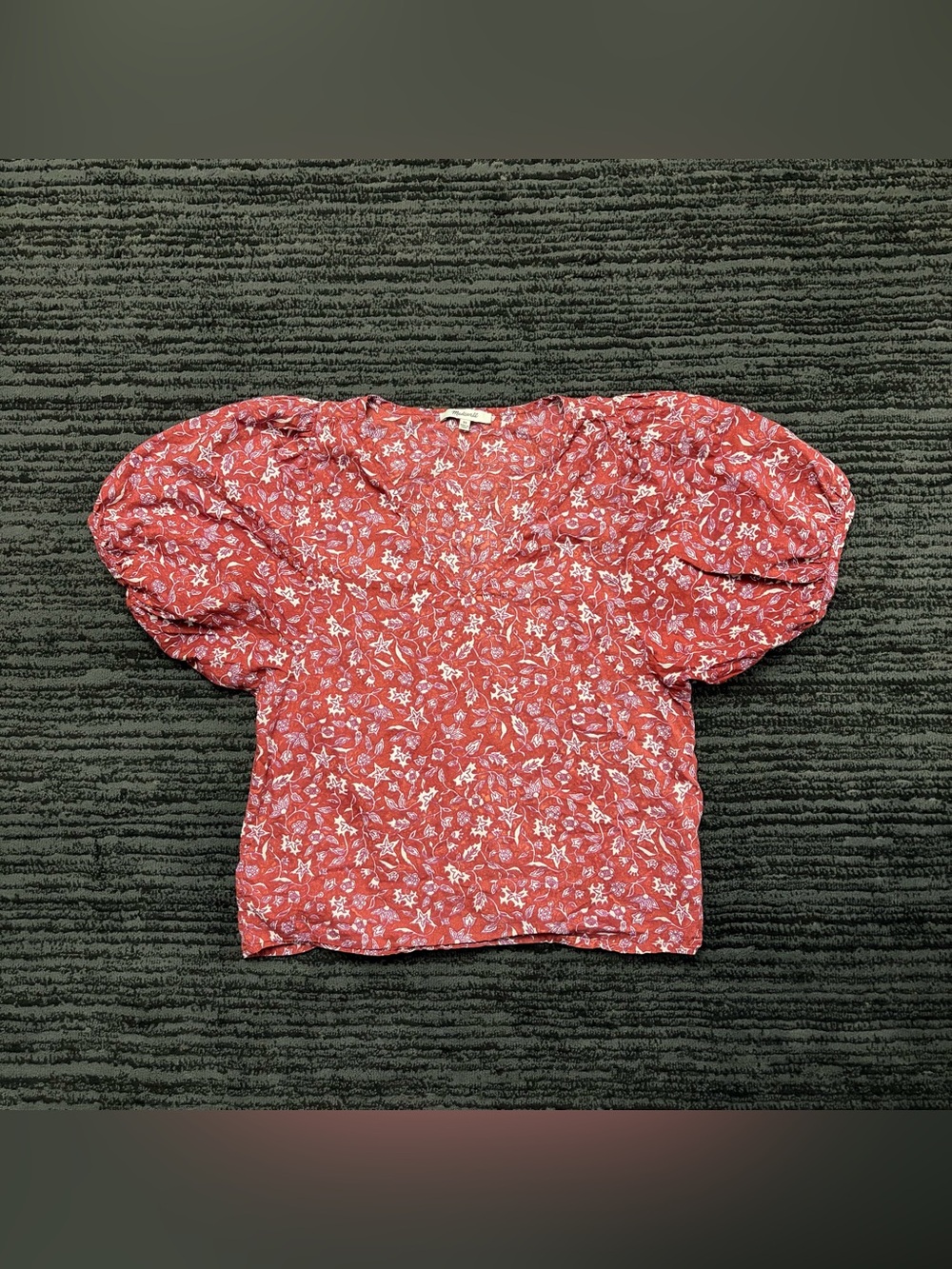 Madewell Floral Print V Neck Puff Sleeve Top